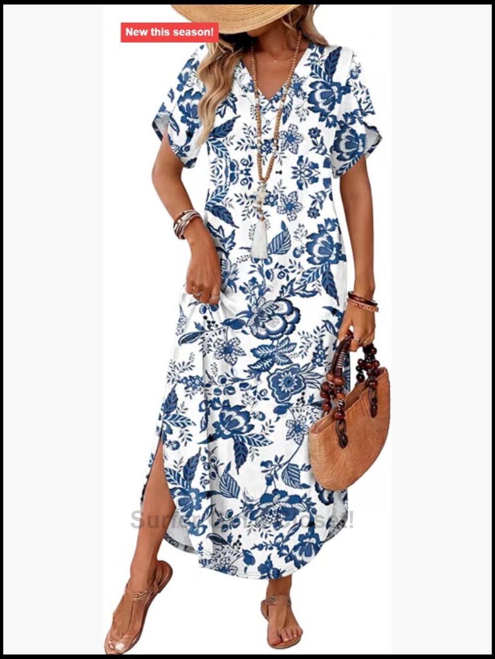 Women's V Neck Maxi Dress Short Sleeve Side Slit Pockets Casual Beach Dress
